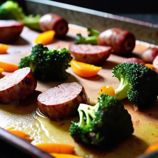 Sheet Pan Sausage and Veggies on tray.