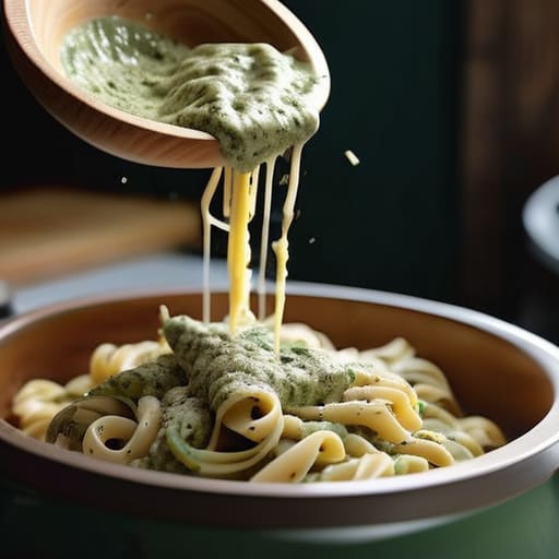 One-Pot Creamy Pesto Pasta in slow cooker.